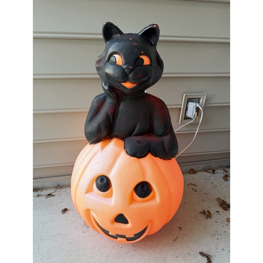 Vintage Large 34" Carolina Enterprise Black Cat on Pumpkin Light Up Decor Works